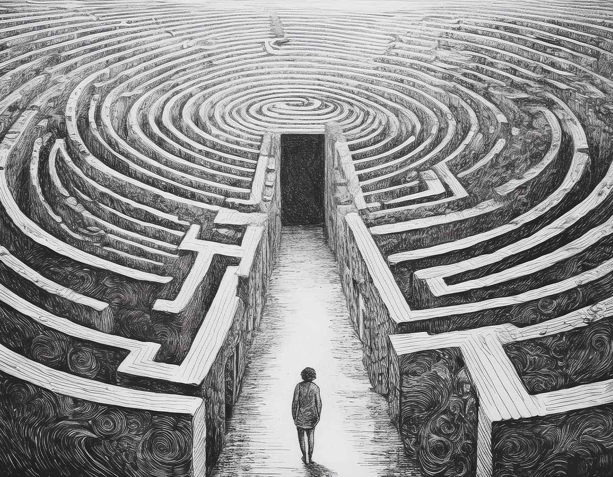 intricate maze symbolizing the complexity and entrapment of addiction