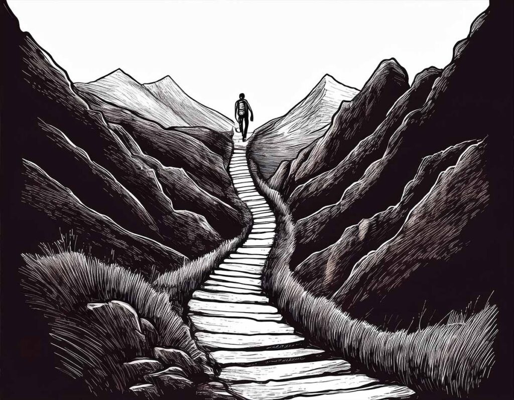 abstract mountain path leading upward with man dark shading