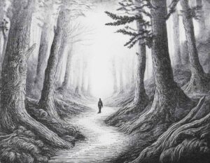 Dense Forest with a figure traveling a path